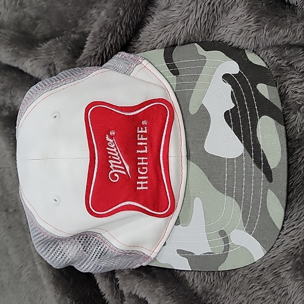 Miller High Life White Gray Camo Trucker Hat Adjustable